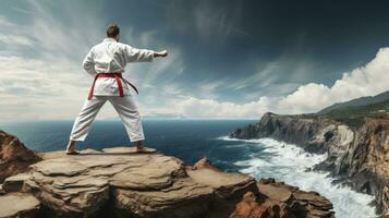 isoliert Weiß Karate Kämpfer im Weiß Uniform Stehen im das Mitte von ein Cliff foto