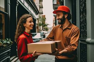 weiblich Hand Empfang ein Box von das Lieferung Person, online Lieferung Person foto