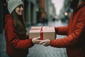 weiblich Hand Empfang ein Box von das Lieferung Person, online Lieferung Person foto