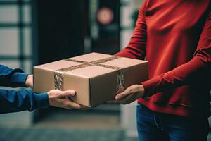 weiblich Hand Empfang ein Box von das Lieferung Person, online Lieferung Person foto