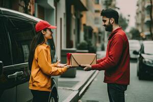 weiblich Hand Empfang ein Box von das Lieferung Person, online Lieferung Person foto