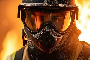 Nahansicht von Feuerwehrleute tragen Masken. Kampf Waldbrände wie Klima Veränderung und global Erwärmen Fahrt Lauffeuer Trends um das Welt foto