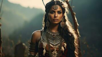 schön rot indisch Frau mit groß amerikanisch indisch Feder Hintergrund foto