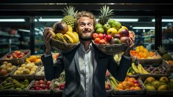 jung Mann Einkaufen, Putten Obst in Körbe im ein groß modern Supermarkt zu Kaufen Lebensmittel. foto