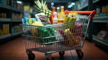 Einkaufen Wagen voll von Essen und Getränke und Supermarkt Regale hinter Lebensmittelgeschäft Einkaufen Konzept. foto