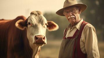 reifen männlich Farmer lächelt stolz in Kamera beim seine Arbeit auf ein ländlich Bauernhof mit Kühe. foto