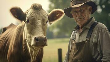 reifen männlich Farmer lächelt stolz in Kamera beim seine Arbeit auf ein ländlich Bauernhof mit Kühe. foto