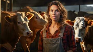 glücklich weiblich Farmer Stehen mit Kühe beim das das Vieh farm.weiblich Farmer erziehen Kühe foto