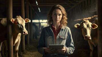 glücklich weiblich Farmer Stehen mit Kühe beim das das Vieh farm.weiblich Farmer erziehen Kühe foto