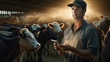 glücklich weiblich Farmer Stehen mit Kühe beim das das Vieh farm.weiblich Farmer erziehen Kühe foto