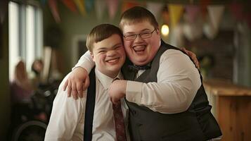 glücklich jung Mann mit Nieder Syndrom und seine Mentor Freund feiern Erfolg foto