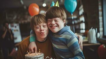 glücklich jung Mann mit Nieder Syndrom und seine Mentor Freund feiern Erfolg foto