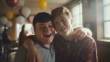 glücklich jung Mann mit Nieder Syndrom und seine Mentor Freund feiern Erfolg foto