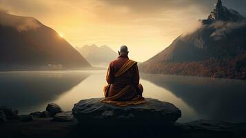 Mönche im Meditation tibetanisch Mönch von hinter Sitzung auf ein Felsen in der Nähe von das Wasser unter neblig Berge foto