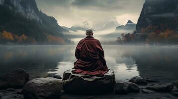 Mönche im Meditation tibetanisch Mönch von hinter Sitzung auf ein Felsen in der Nähe von das Wasser unter neblig Berge foto