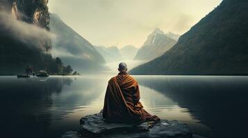 Mönche im Meditation tibetanisch Mönch von hinter Sitzung auf ein Felsen in der Nähe von das Wasser unter neblig Berge foto