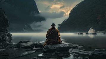 Mönche im Meditation tibetanisch Mönch von hinter Sitzung auf ein Felsen in der Nähe von das Wasser unter neblig Berge foto