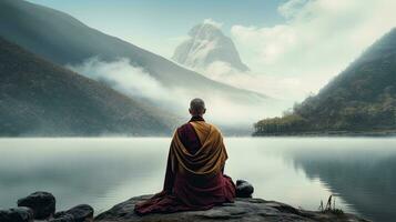 Mönche im Meditation tibetanisch Mönch von hinter Sitzung auf ein Felsen in der Nähe von das Wasser unter neblig Berge foto