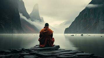 Mönche im Meditation tibetanisch Mönch von hinter Sitzung auf ein Felsen in der Nähe von das Wasser unter neblig Berge foto