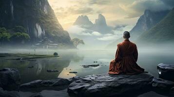 Mönche im Meditation tibetanisch Mönch von hinter Sitzung auf ein Felsen in der Nähe von das Wasser unter neblig Berge foto