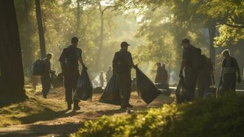 Freiwillige Mannschaft mit Müll Taschen Reinigung das Park, Schweine, Freiwillige Mannschaft liebt das Umgebung foto