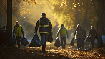 Freiwillige Mannschaft mit Müll Taschen Reinigung das Park, Schweine, Freiwillige Mannschaft liebt das Umgebung foto