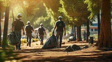 Freiwillige Mannschaft mit Müll Taschen Reinigung das Park, Schweine, Freiwillige Mannschaft liebt das Umgebung foto