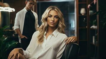 Schönheit Salon, weiblich Friseur tun Frisur zum jung Frau, Brünette Modell- im Haar Salon foto