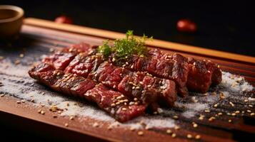 japanisch Rindfleisch auf Anzeige, Nahansicht von trocken gereift und gegrillt wagyu Rindfleisch Steak auf ein rustikal hölzern Schneiden Tafel. foto