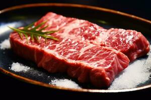 japanisch Rindfleisch auf Anzeige, Nahansicht von trocken gereift und gegrillt wagyu Rindfleisch Steak auf ein rustikal hölzern Schneiden Tafel. foto