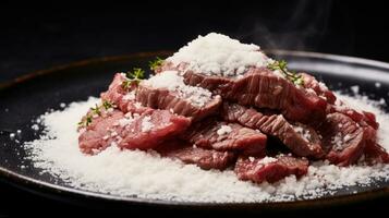 japanisch Rindfleisch auf Anzeige, Nahansicht von trocken gereift und gegrillt wagyu Rindfleisch Steak auf ein rustikal hölzern Schneiden Tafel. foto