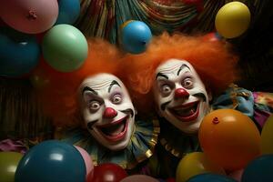 Kinder- glücklich Geburtstag Party Kind mit ein Zeichnung von ein Clowns Gesicht foto