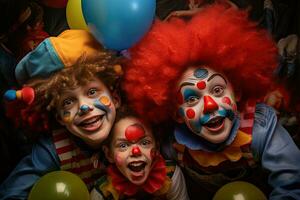 Kinder- glücklich Geburtstag Party Kind mit ein Zeichnung von ein Clowns Gesicht foto