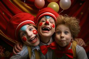 Kinder- glücklich Geburtstag Party Kind mit ein Zeichnung von ein Clowns Gesicht foto