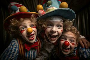 Kinder- glücklich Geburtstag Party Kind mit ein Zeichnung von ein Clowns Gesicht foto