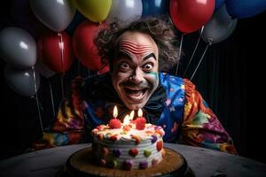 bunt Clown Illustration von ein glücklich Clown spielen mit Luftballons beim ein Kinder- Geburtstag Party. foto