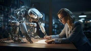 weiblich Ingenieur untersucht Roboter ai Mechanismus, suchen zum ein Lösung. mit ein Laptop beim ein industriell Technologie Fabrik foto