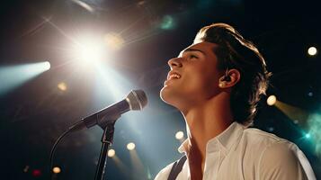 gut aussehend jung männlich Sänger hält ein Mikrofon Stand und führt aus auf ein Konzert Bühne. foto