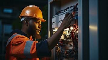 Elektriker Ingenieur mit planen zu prüfen elektrisch liefern im Vorderseite von Steuerung Sicherung Telefonzentrale foto