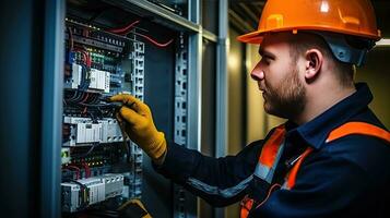 Elektriker Ingenieur mit planen zu prüfen elektrisch liefern im Vorderseite von Steuerung Sicherung Telefonzentrale foto