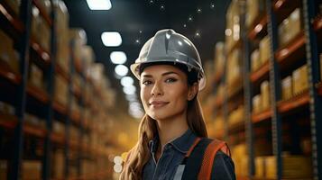 Fachmann weiblich Arbeiter tragen ein schwer Hut prüft Lager und Inventar. Verkauf Warenhaus voll von Regale foto