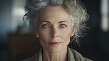 schön mittleren Alters Frau im ihr 50er Jahre suchen beim das Kamera schön Gesicht, gut Gesundheit, Kosmetika, Haut Pflege foto