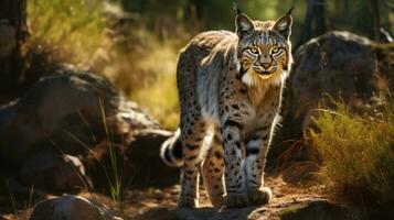 Erwachsene iberisch Luchs im ein Mittelmeer Eiche Wald foto