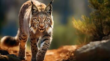 Erwachsene iberisch Luchs im ein Mittelmeer Eiche Wald foto