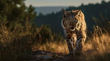 Erwachsene iberisch Luchs im ein Mittelmeer Eiche Wald foto