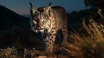 Erwachsene iberisch Luchs im ein Mittelmeer Eiche Wald foto