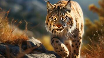 Erwachsene iberisch Luchs im ein Mittelmeer Eiche Wald foto