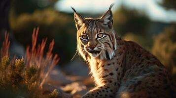 Nahansicht Aussicht von ein Erwachsene iberisch Luchs im ein Mittelmeer Eiche Wald. Welt am seltensten Tier. foto