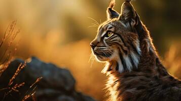 Nahansicht Aussicht von ein Erwachsene iberisch Luchs im ein Mittelmeer Eiche Wald. Welt am seltensten Tier. foto