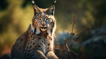 Nahansicht Aussicht von ein Erwachsene iberisch Luchs im ein Mittelmeer Eiche Wald. Welt am seltensten Tier. foto